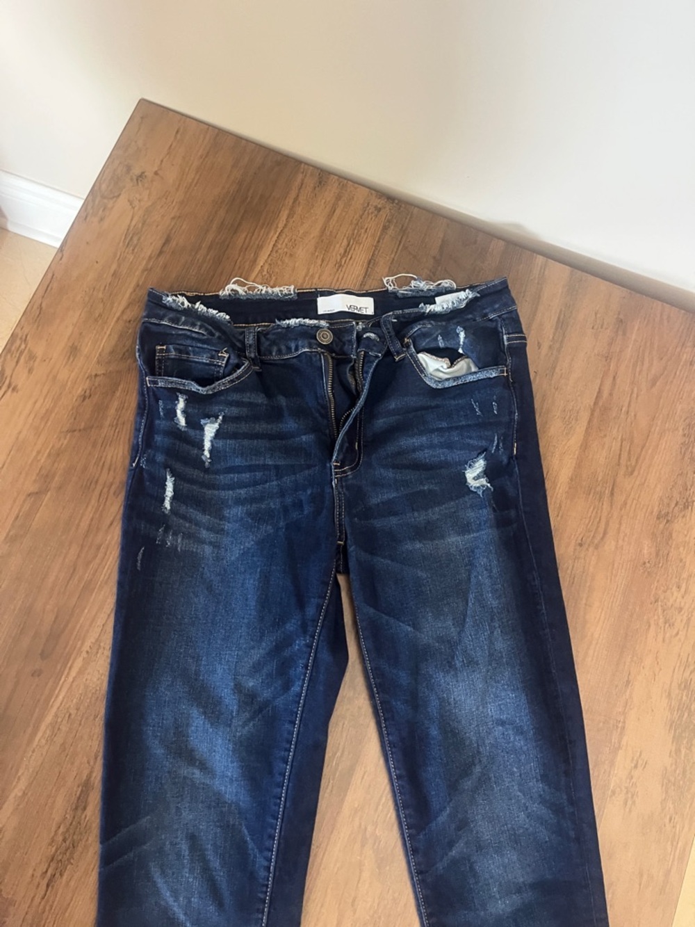 Vervet Mid Wash Distressed Skinny Jeans - Dark Blue